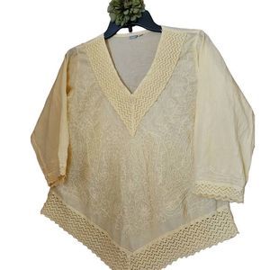 V-NECk Tops 100% Cotton Crochet Yellow Blouse Shirt Size Small